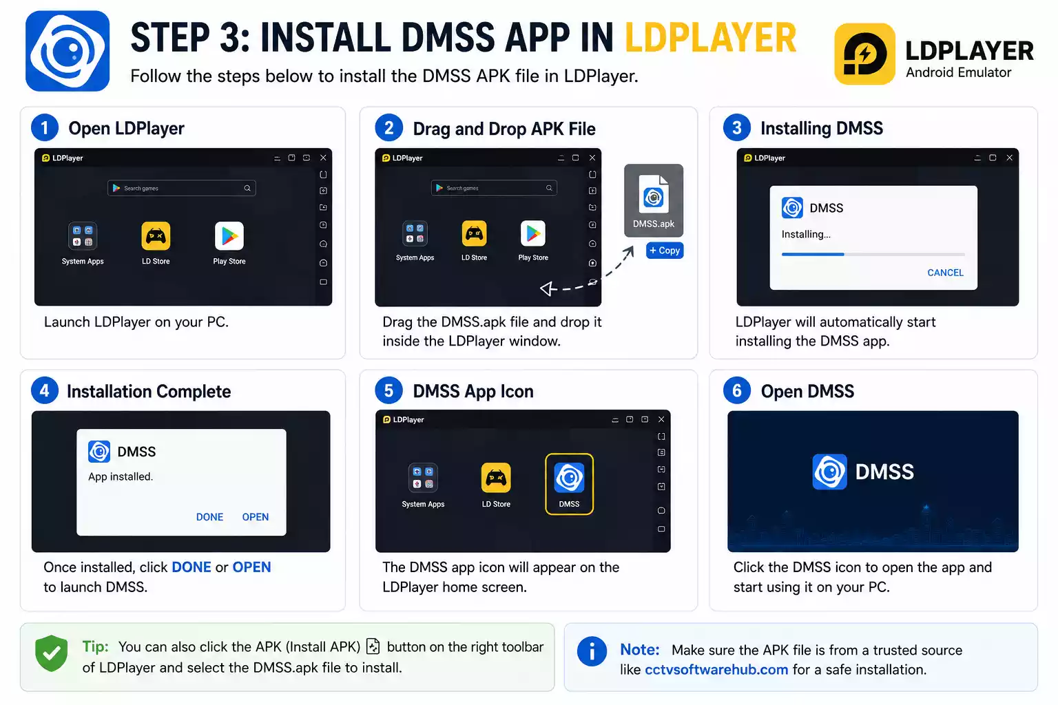 DMSS application on a Windows PC using the LDPlayer Android emulator.