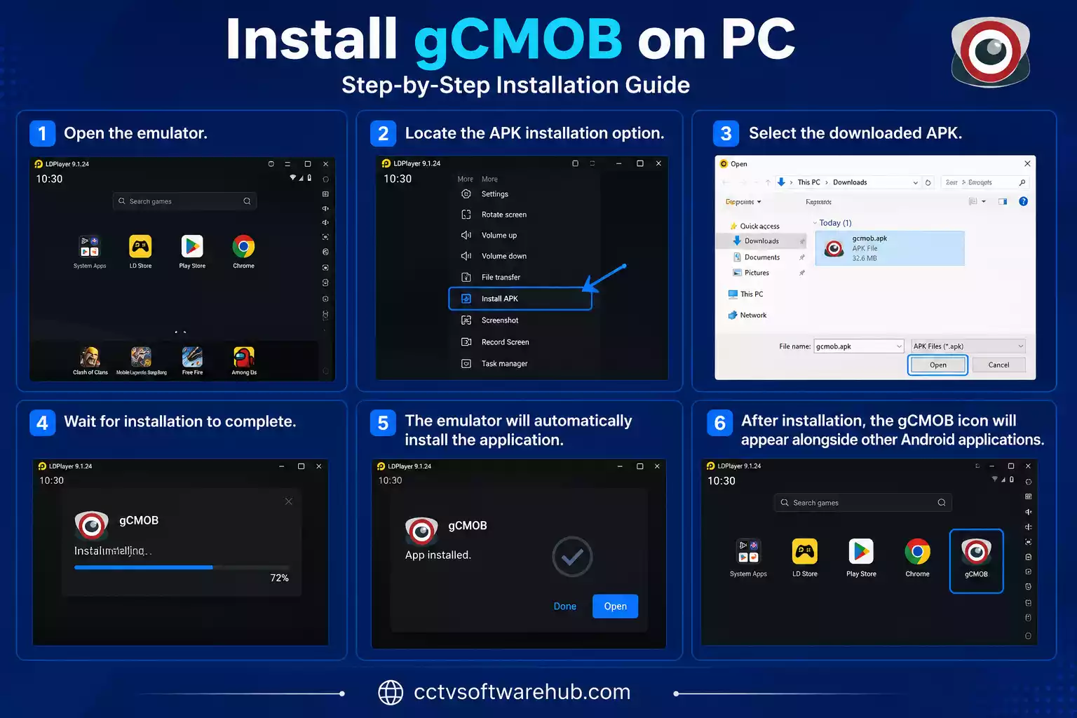 how to install gCMOB on PC using the LDPlayer Android emulator, including APK installation and successful app setup