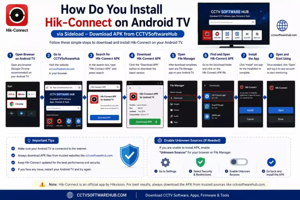 Step-by-step guide to sideload and install Hik-Connect APK on Android TV from CCTVSoftwareHub