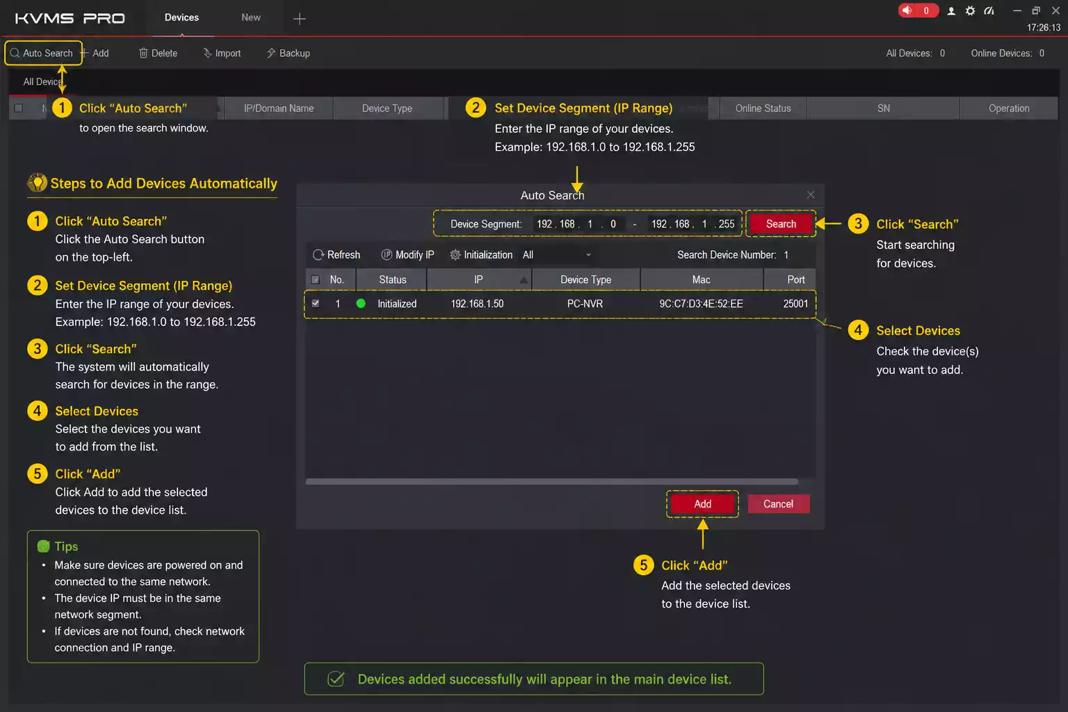 KVMS Pro automatic device discovery window showing how to search and add DVR, NVR, and CCTV devices automatically.
