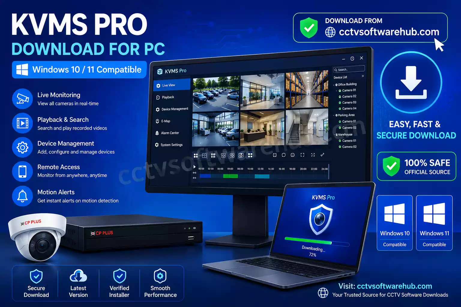 KVMS Pro download for PC Windows 10 and Windows 11 with CCTV monitoring software dashboard and secure installation