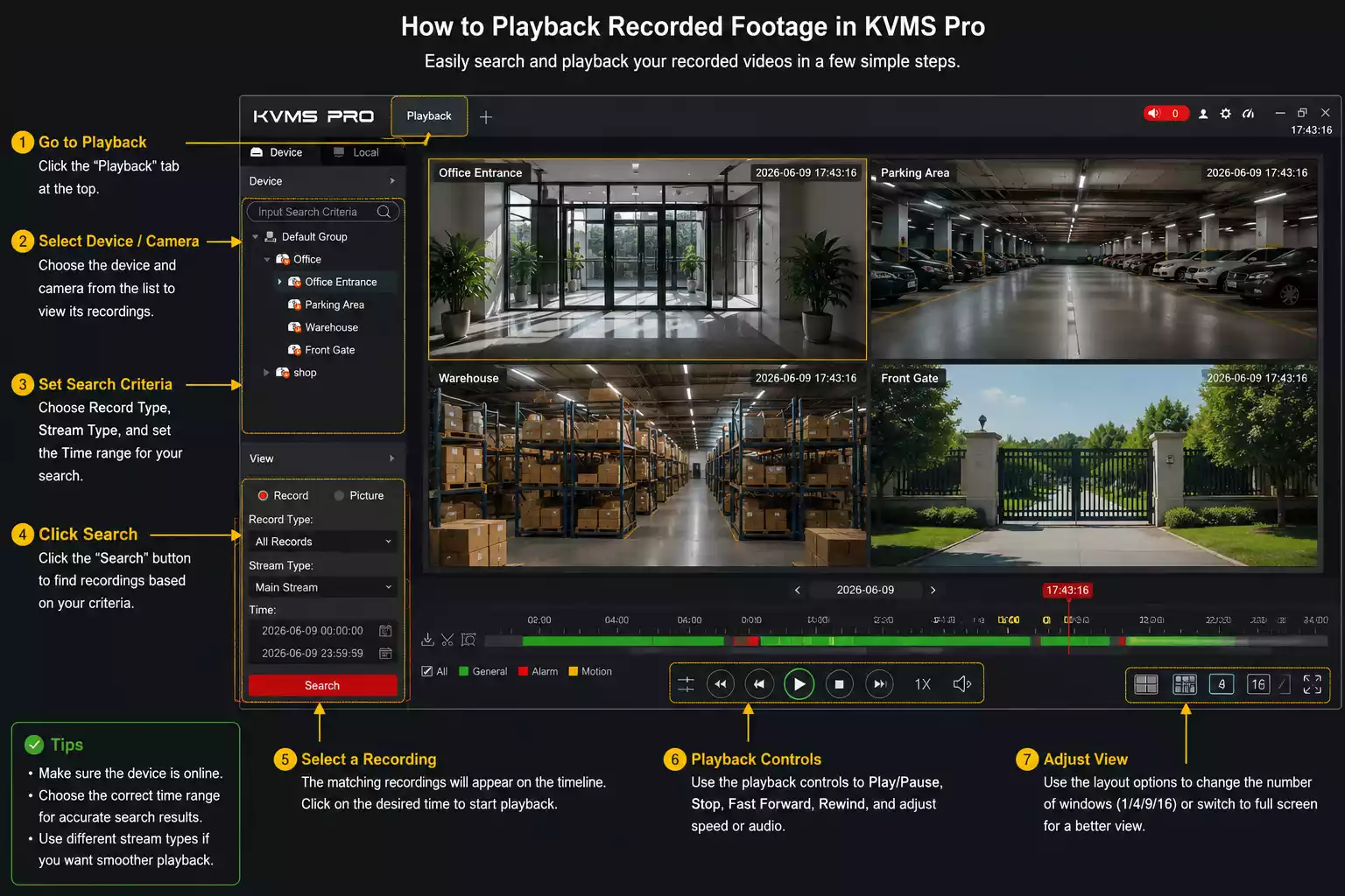 KVMS Pro playback interface showing how to search, view, and manage recorded CCTV footage using timeline controls.