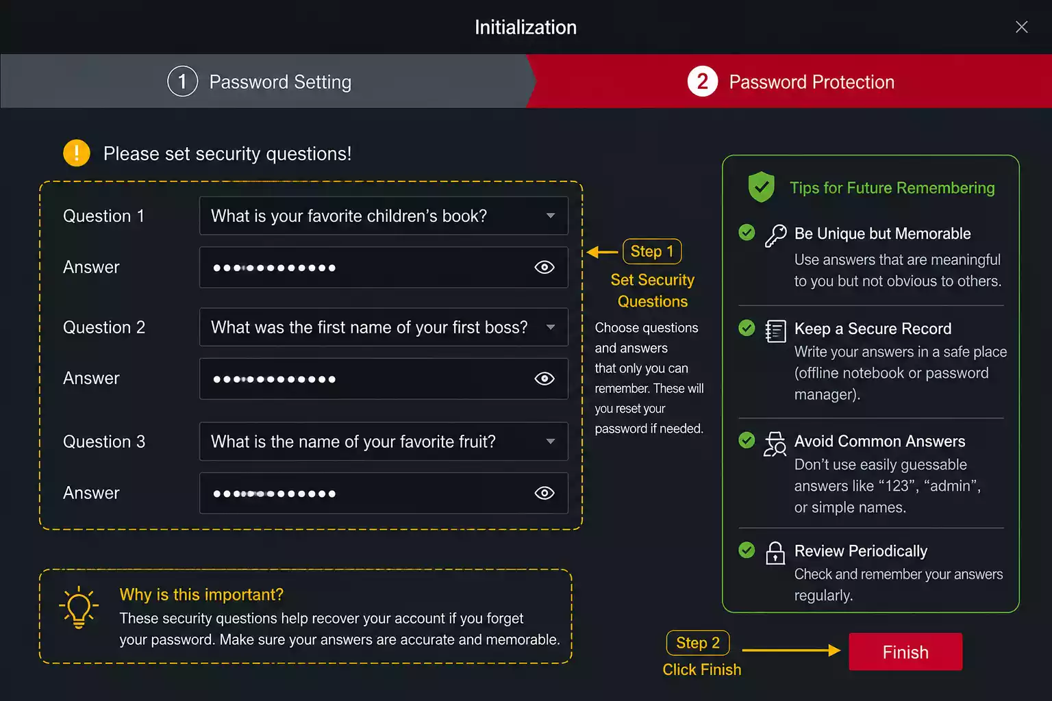 KVMS Pro security question configuration screen showing how to set recovery questions and memorable answers for account protection