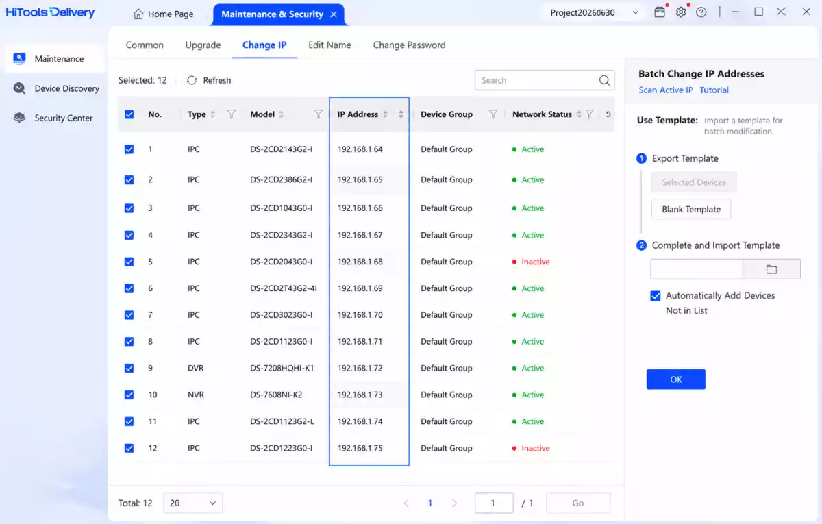 Batch IP configuration using HiTools Delivery software