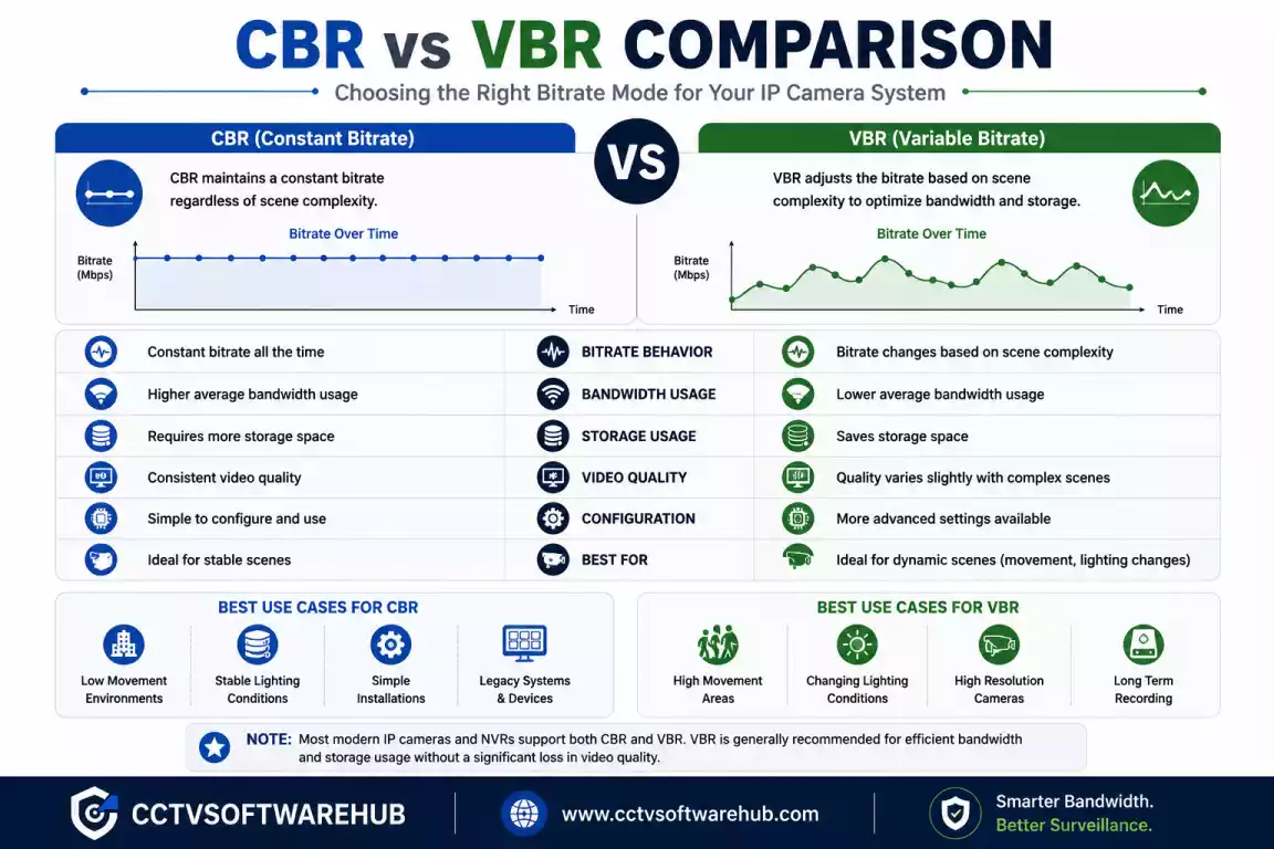 Comparison infographic explaining Constant Bitrate (CBR) and Variable Bitrate (VBR) for IP camera bandwidth and storage optimization.