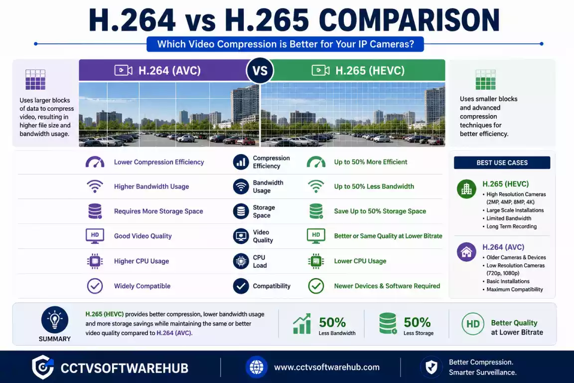 Side-by-side comparison of H.264 and H.265 codecs showing bandwidth, storage, compression, and video quality differences.