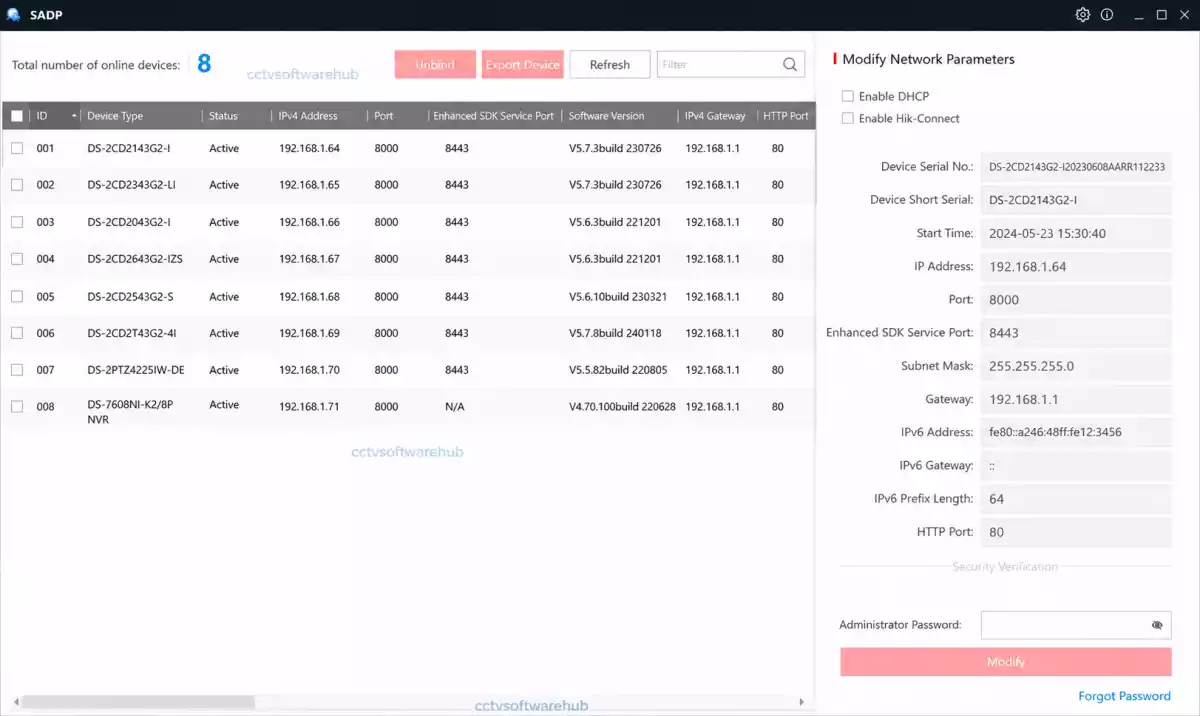 SADP Tool interface showing 8 detected Hikvision cameras and one NVR with IP addresses, firmware versions, and network configuration settings.