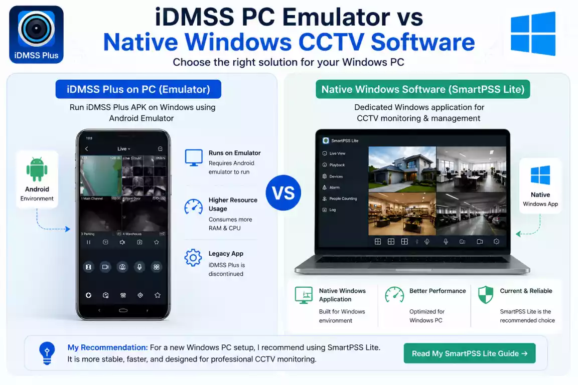 iDMSS PC emulator versus native Windows CCTV software