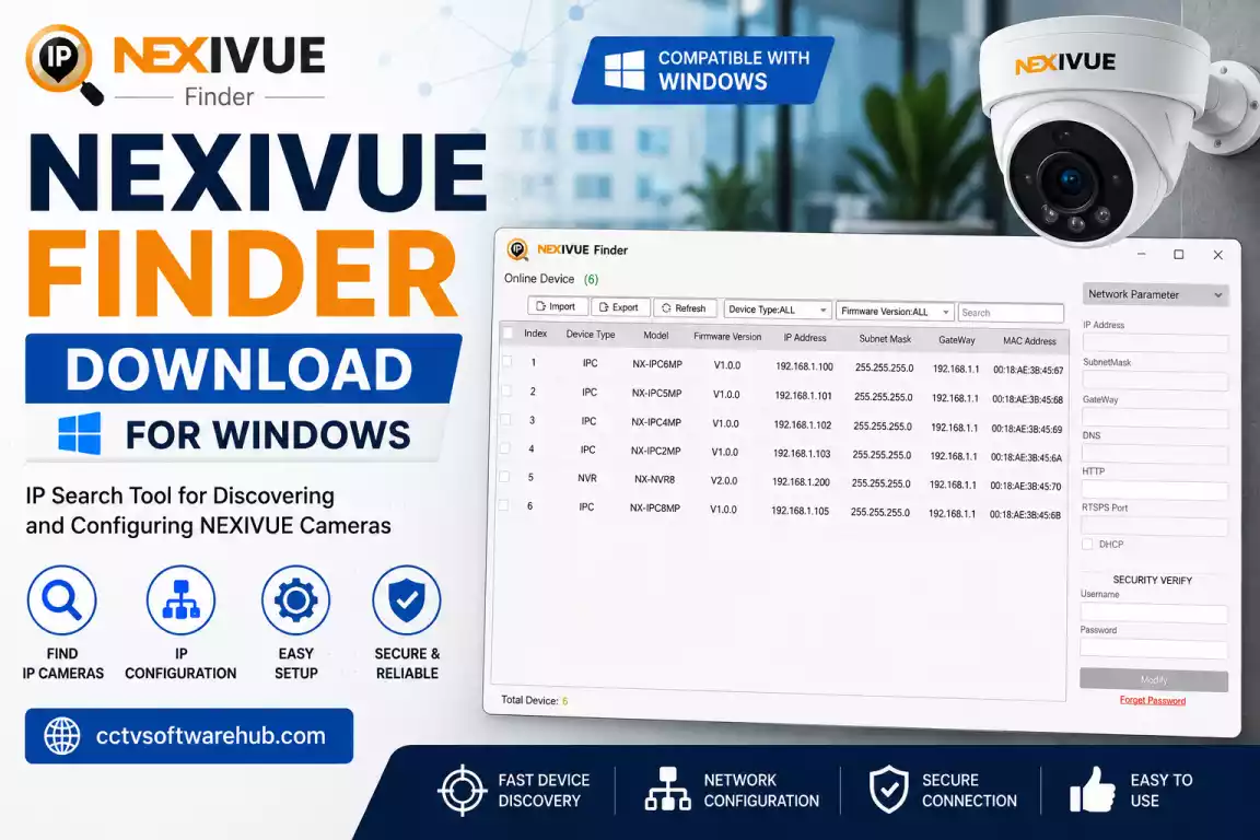 Nexivue Finder software showing detected IP cameras and network configuration settings on Windows