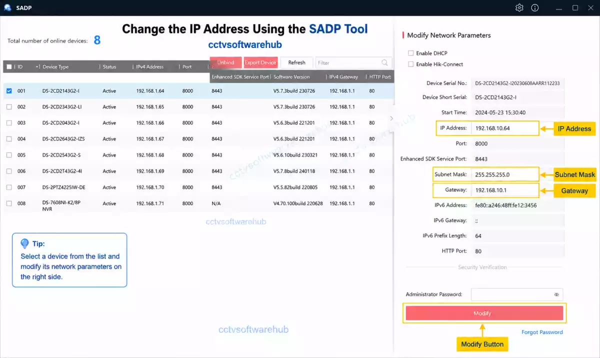 SADP Tool Modify Network Parameters screen showing IP address, subnet mask, gateway, and network configuration options.