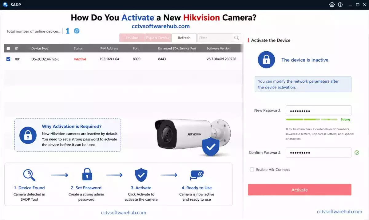 SADP Tool device activation screen for creating an administrator password on a new Hikvision camera.