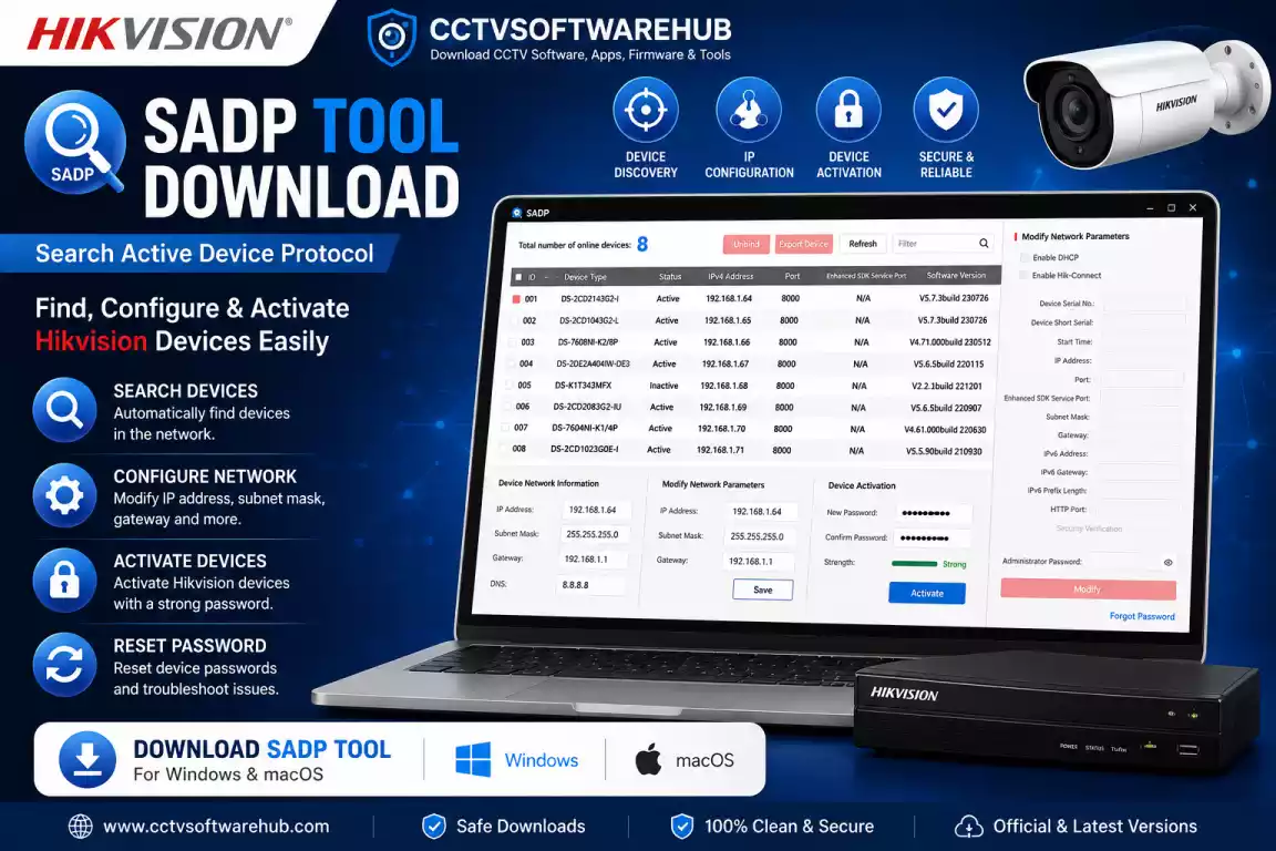 SADP Tool Download for Windows and Mac featuring the Hikvision device discovery interface, IP configuration, CCTV cameras, NVR